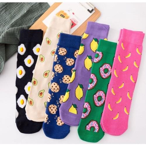 Socks funny cute cartoon fruits banana avocado lemon egg cookies Donuts food happy Japanese Harajuku skateboard Socks