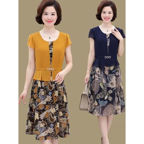 2021 New Middle-aged Summer Dress Elegant Fake Two-piece Party Floral Chiffon Dress Retro Slim Plus Size 5XL Women Dress x724