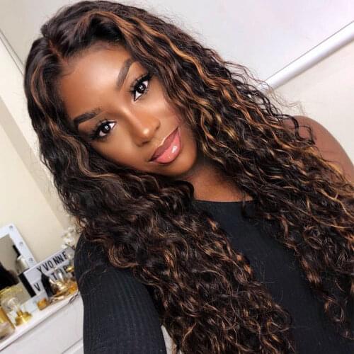 Ombre Highlight Curly Human Hair Wig Brazilian Remy Hair T Part Lace Wigs For Women 150% Density Natural Hairline