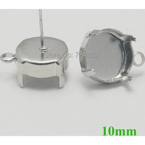 Blank Earrings Bases 10mm Round Deep Wall cups 4 Prongs Pins Bezel w/ a Loop Stud Earrings post Settings Findings Silver tone