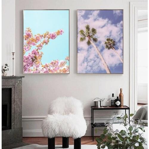 Nordic Minimalist Art Poster Canvas Painting Peach Blossom and Coconut Tree Landscape Prints Home Decoration Living Room Mural