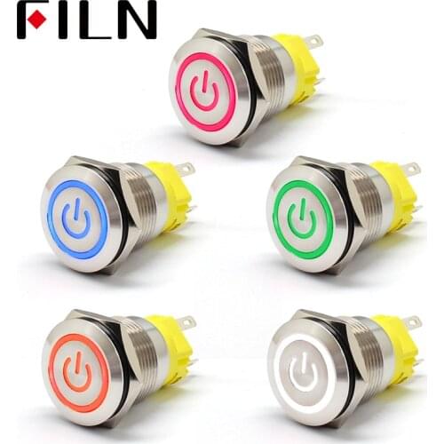 19mm 6V 12V 110V 220V LED Momentary Latch Stainless Steel anti vandal waterproof metal Push Button Switch with Power symbol UL