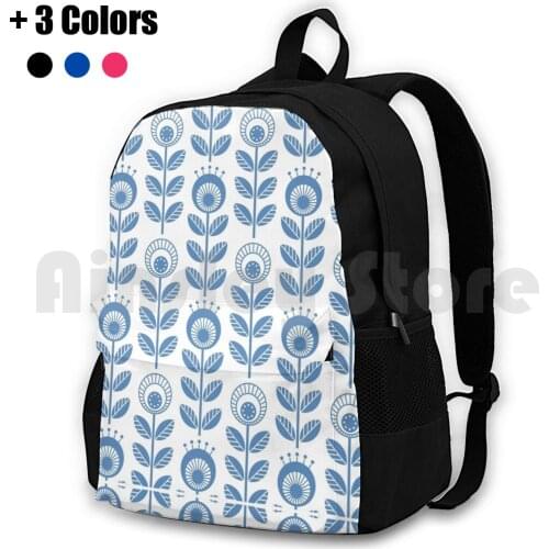 Scandi Garden 01-1 , Blue On White Outdoor Hiking Backpack Waterproof Camping Travel Mod Midcentury Modern Mid Century Scandi