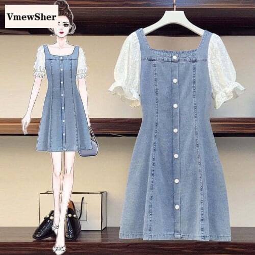 VmewSher Vintage Square Neck Women Denim Dress Lace Splice Short Puff Sleeve Single Breasted High Waist Female Mini Jean Dresses