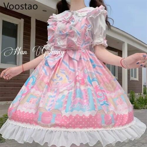 Japanese Girls Sweet Lolita Jsk Dress Women Vintage Victorian Cartoon Candy House Sleeveless Bow Lace Princess Tea Party Dresses