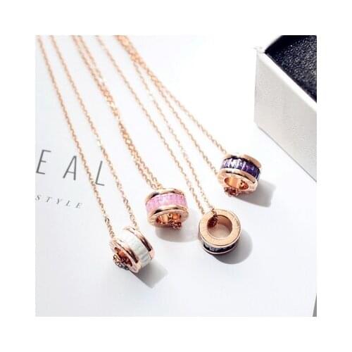 YUN RUO Rose Gold Colorful Roman Numerals Zircon Necklace Woman 316 L Titanium Steel Fashion Jewelry Never Fade Drop Shipping