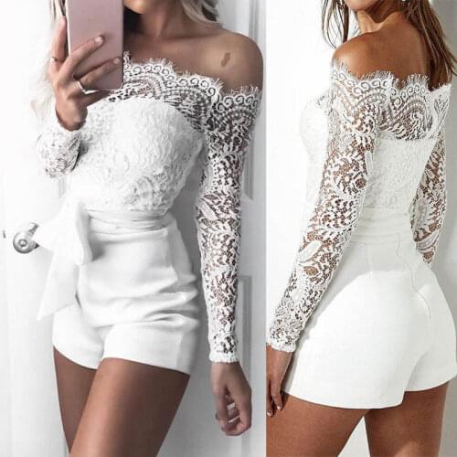 Women Summer Off Shoulder Sexy Playsuits Fashion Ladies Long Sleeve Sheer Lace Patchwork Hollow Bandage Skinny Playsuits