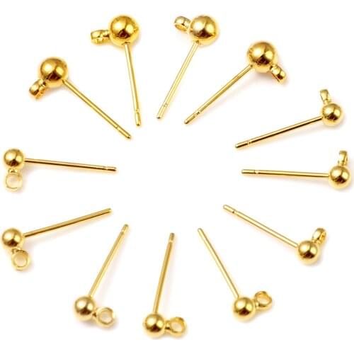 0.7mm Copper Ear Post Stud Earrings Gold Color Ball W/ Loop Metal DIY Making Earrings Women Party Jewelry Gifts Findings,10PCs