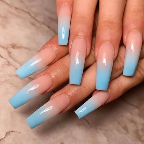 24pcs false nails with adhesive Long Ballet Gradients blue Manicure patch wearable full cover fake nail tips
