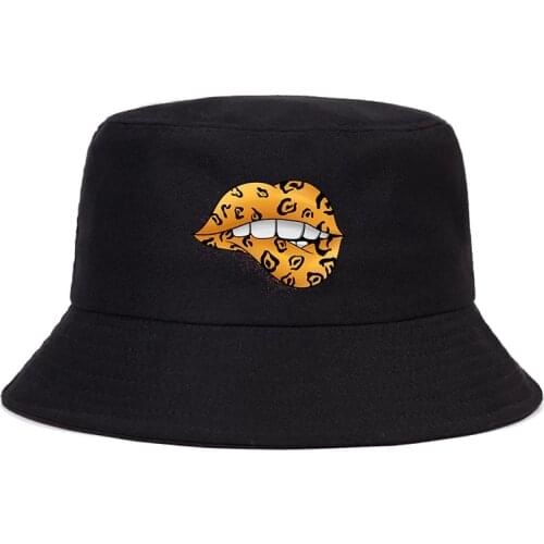 90s Summer Fashion Bucket Hat Lips Kiss Leopard Leopard Graphics Blouses Base Lip Interesting Girl Fisherman Hat Bucket Hat Men