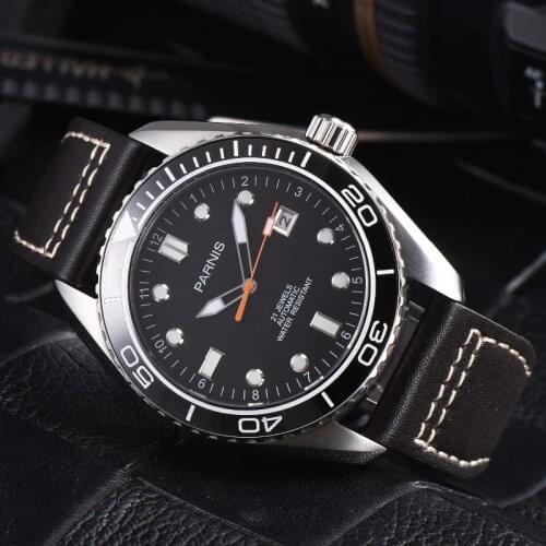 Parnis 43mm Automatic Mechanical Watch Men Ceramic Bezel 5ATM Luxury Sapphire Waterproof Diver Wrist Calendar Mens Watch