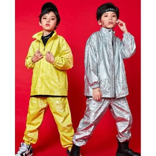 Kid Hip Hop Clothing Running Silver Jacket Zip Up Top Coat Loose Streetwear Pants for Girls Boys Jazz Dance Costume Clothes