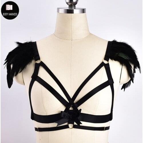 Feathers Epaulettes Shoulder Body Harness Sexy Lingerie Festival Rave Crop Top Women Angel Wings Bow gold Accessories Cage Bra