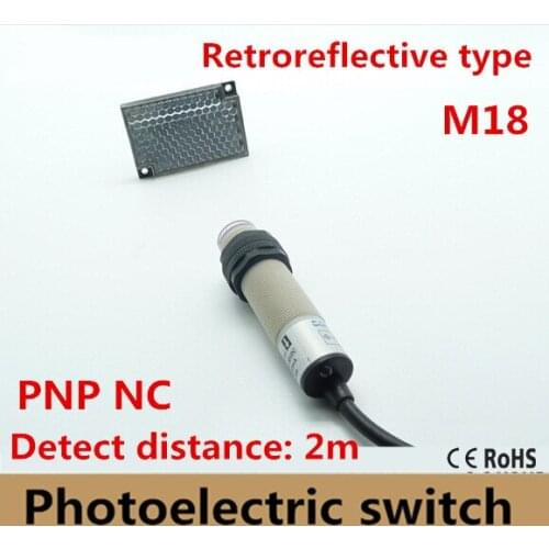 M18 Retroreflective type PNP NC DC10-30V 3 lines photoelectric sensor normally close Infrared Optical switch distance 2m
