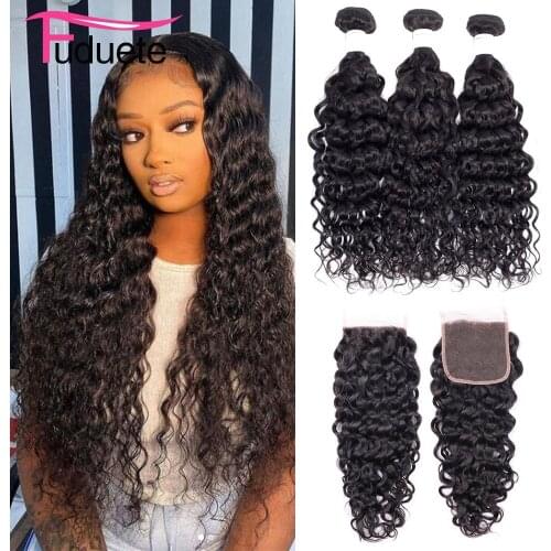 Fuduete Water Wave 3 Bundles With Closure Brazilian Hair Weave Bundles With Closure Natural Remy Hair Extensions Huamn Hair