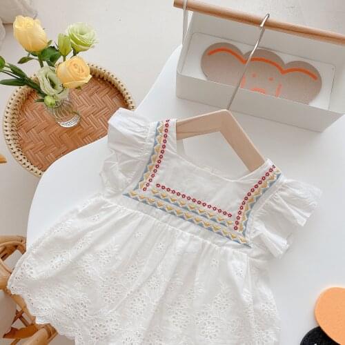 Infant Baby Summer Fly Sleeve Flower Cotton Casual Knee-length Dress Toddler Kids Newborn Jumpsuits Romper 0-24M