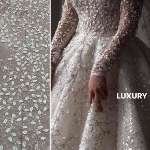 2020 New Ivory Off White Beaded Leaf Fashion Gorgeous Wedding Gown Bridal Tulle Embroidery Lace fabric 1 yard