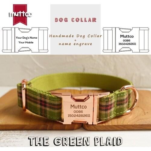MUTTCO engraved retailing self-design personalized nameplate dog id collars handmade THE GREEN PLAID 5 sizes dog collar UDC041M