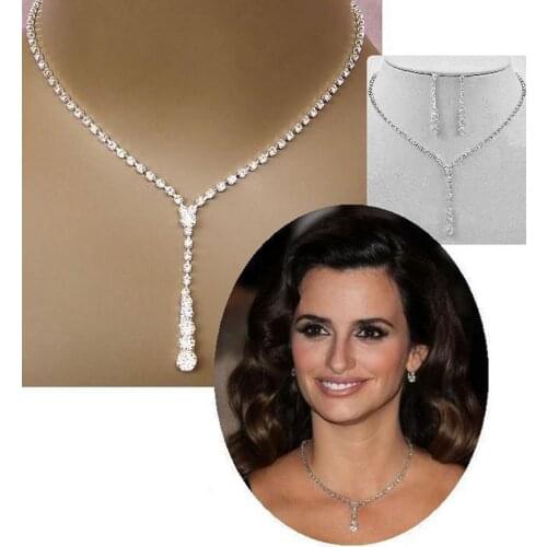 Fashion Inspired Celebrity Style Crystal Long Drop Necklace Earrings Set Silver Color Bridal Bridesmaid Wedding Jewelry Sets