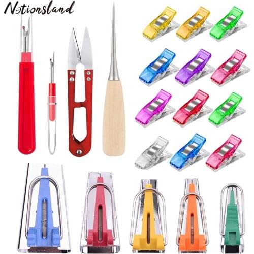 Bias Tape Maker Kits Binding Foot Craft Clips Awl Seam Ripper Thread Cutter Tool for Fabric Sewing and Quilting Supplies