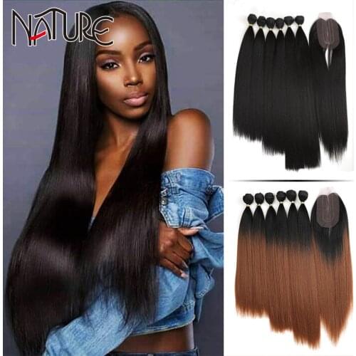 Nature Hair Yaki Straight Hair Bundles 7Pcs/Pack 16-20inch Ombre 613# Synthetic Hair Bundles With Closure Weave Hair Extensions