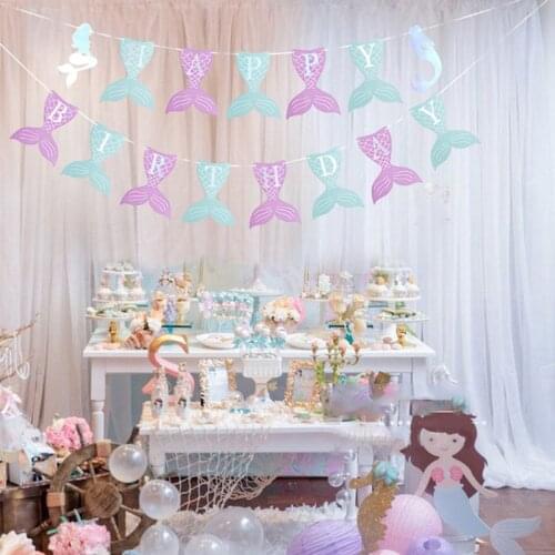 New Mermaid Theme Birthday Banner Glitter Birthday Party Banner Girl Birthday Decoration For Home Mermaid Party Shell Banner