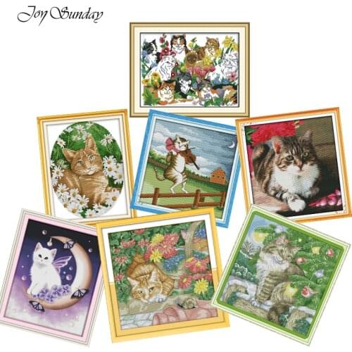 New Arrival Joy Sunday Cross Stitch Cat DMC 11CT 14CT DIY Water Soluble Canvas Printed Embroidery Kits Needlework Set Home Decor