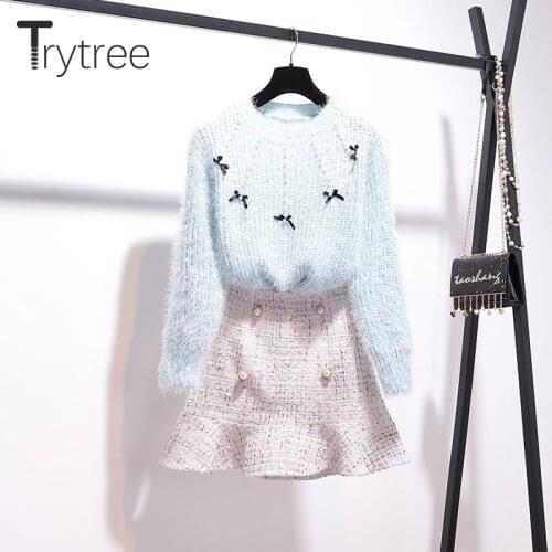 Trytree 2020 Autumn Winter Two piece set Casual O-neck Bow Loose Top + Skirt Mini Fashion Ruffles A-line Set 2 Piece Set