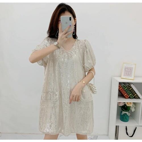 Plus Size Womens Glitter Beads Sequins Dress Summer Autumn Loose Long Top Tee Europe Sequined T-Shirt