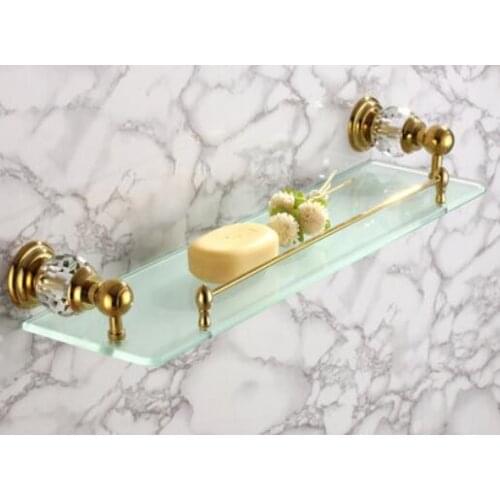 Crystal & Brass golden plated glass shelf with built-in crystal single tier wall shelf bathroom shelf CY012