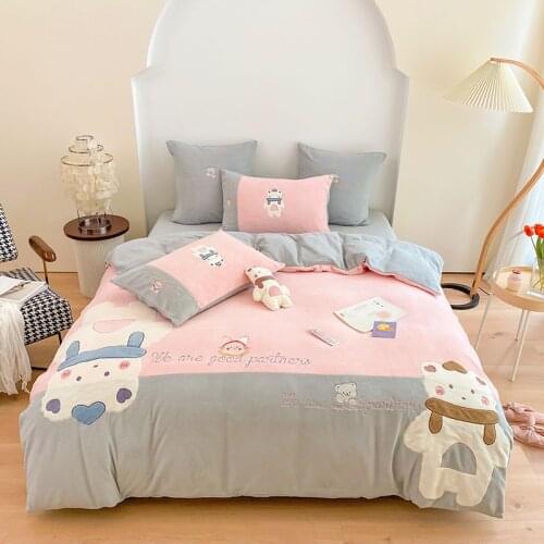 Super Soft Velvet Fleece Furry Warm Bedding Set Cute Cartoon Bear Applique Duvet Cover Quilt Cover Bed Comforter Set Bed Linen