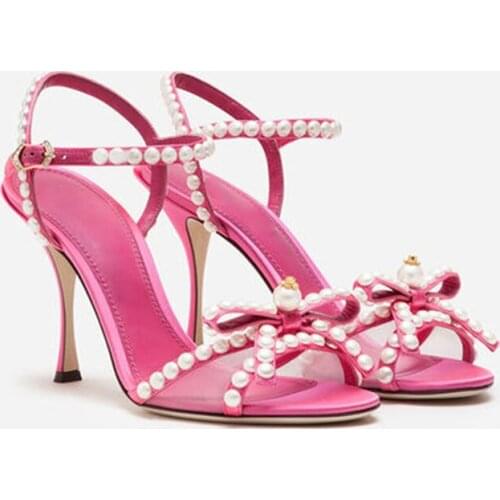 Sexy Pearl High heels shoes Female Fashion Strap Sandals Elegant String Bead Women Dress Shoes Sweet Sandals For Girls