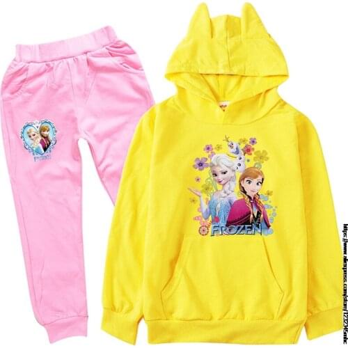 Spring Autumn Cartoon Frozen Elsa Printed Childrens Long-sleeved Suit Boys Girls Holiday Sports Suit Kids Hooded Clothes Set