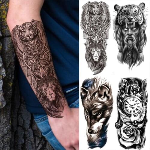 Forearm Lion Point Temporary Tattoos For Men Adults Tiger Demon Wolf Fake Tattoos Wolf Compass Flower Half Sleeve Tattoo Sticker