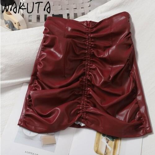 WAKUTA Faxu Latex Pu Leather Skirt for Woman Streetwear Black High Waisted Flods Skirts Womens Autumn Wrap Sexy Mini Skirt Femme
