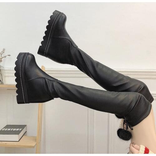 Plus Size Long Boots Over The Knee Boots Women Shoes Woman Winter Boots Black Flock Square Mid Heels Metal Lace Up Boots