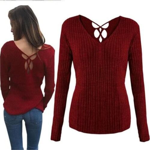 New Back Hollow Out Sweater Pullovers Women Spring Autumn Long Sleeve Warm Sweater Pullover Knitting Slim V-Neck Tops Knitwear