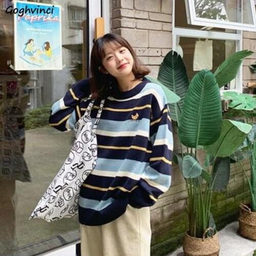 Vintage Women Pullovers Embroidery Striped Loose O-neck Females Sweaters Kintted Korean Style Winter Streetwear Harajuku Retro