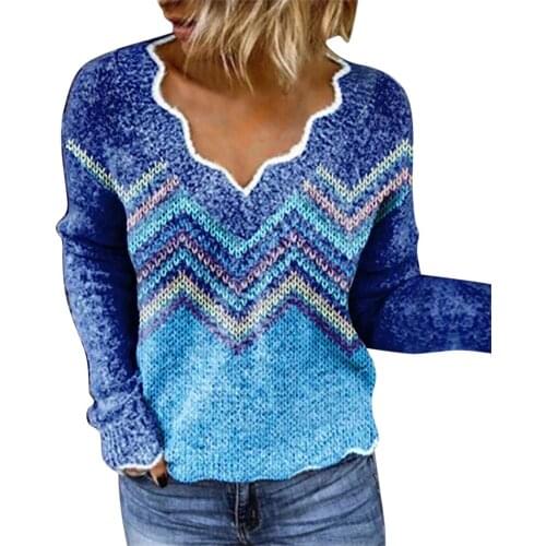 40# Women Blouses Boho Print Loose Long Sleeve V-neck Blouse Shirt Multicolor Asymmetrical Print Top Blouses Женские Свитера