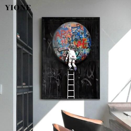 Astronaut Moon Space Letters Graffiti Art Poster Custom Abstract Canvas Painting Print Wall Picture for Bedroom Home Decoration