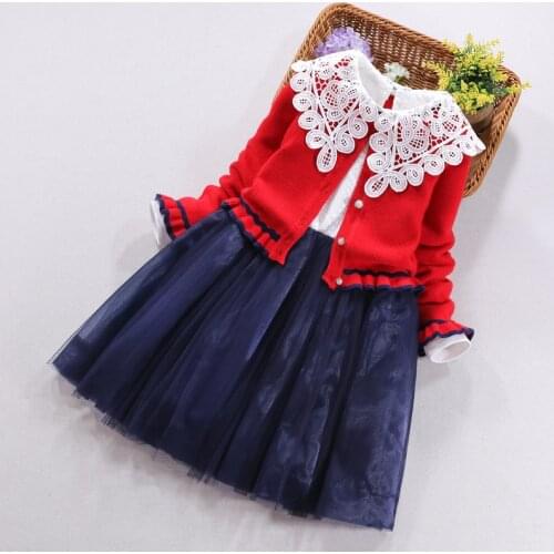 Kids Girl Clothes 2 Piece Set Red Knitted Cardigan Sweater Lace Collar Long Sleeve Mesh Patchwork Princess Girls Dress Children
