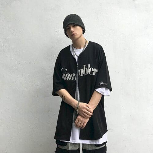 Oversized T-shirt Men Tshirt Women Letter Embroidered Loose Short-sleeved Baseball Shirt Cardigan Street Hip-hop Grunge Clothes