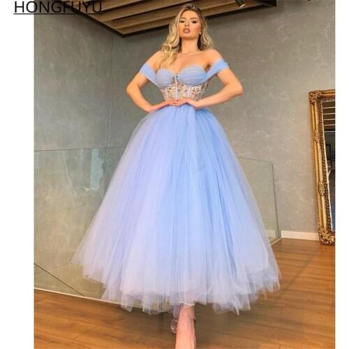 HONGFUYU Off the Shoulder A Line Prom Dresses Tea Length Lilac Tulle robes de soirée cocktail Party Evening Gowns with Beading