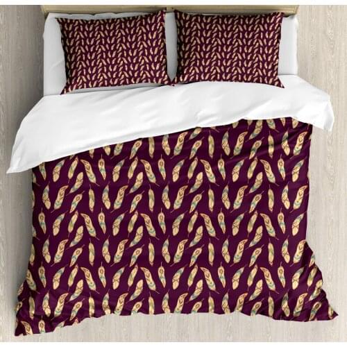Feather Duvet Cover Set Repetitive Colorful Motifs Print 3 Piece Bedding Set Dark Mauve Pastel Brown
