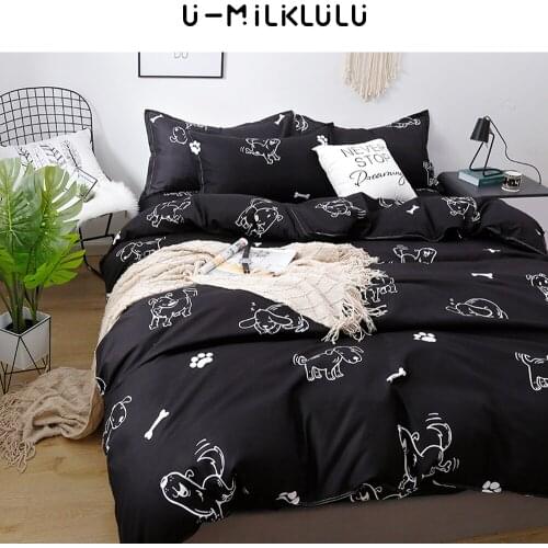 Cute Dog Bedding Set Black Sheet Set Single Double Queen King Size Elastic Duvet Cover Pillowcases Cartoon Animal Bed Comforters