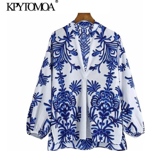 KPYTOMOA Women 2021 Fashion Totem Printed Asymmetric Blouses Vintage Long Sleeve Side Vents Female Shirts Chic Tops