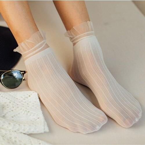 Summer Women Transparent Ruffled Mesh Glass Silk Socks Crystal Lace Solid Sock for Ladies New Elastic Sexy Ultrathin Cute Socks