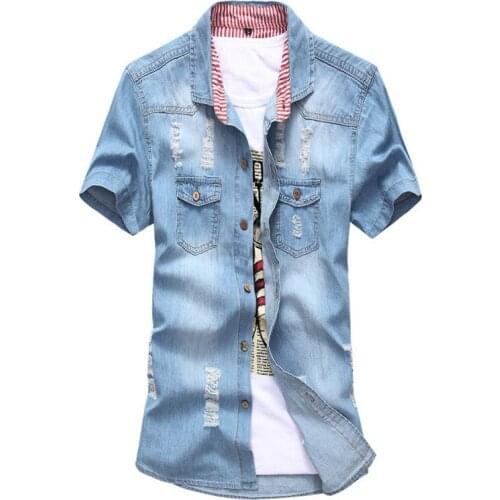 2020 Summer Mens New Korean Fashion Casual Short Sleeved Shirt Blusas Koszula Blouse Camisa Regular Fit Cotton Denim Clothing