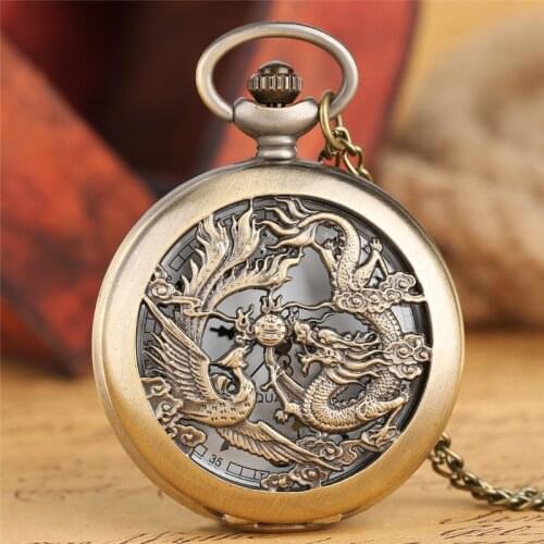 Mens Fashion Dragon Phoenix Pocket Watch Casual Bronze Hollow Case Necklace Pendant Quartz Brief Arabic Number Round Dial Clock