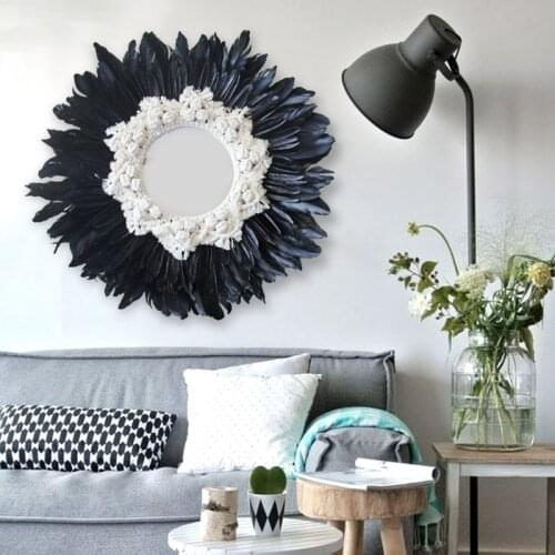 Modern Nordic INS Handmade Mirror Wall Hanging Tapestry with Feather Glass Mirror Wall Decorative Mirrored Macrame Wall Decor